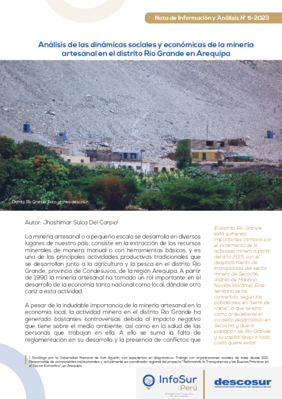 Análisis de las dinámicas sociales y económicas de la minería artesanal en el distrito Río Grande en Arequipa